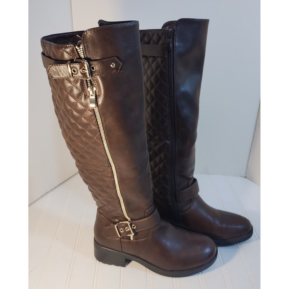 Dream Pairs Knee High Riding Boots Quilted Buckle Zipper Brown Womens 7 Brown